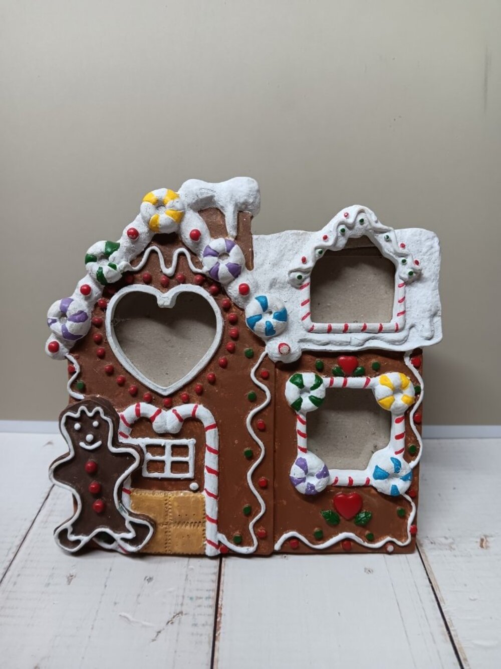 VTG Christmas Picture Frame Gingerbread House for 3 1x1" Photos Resin 1990s